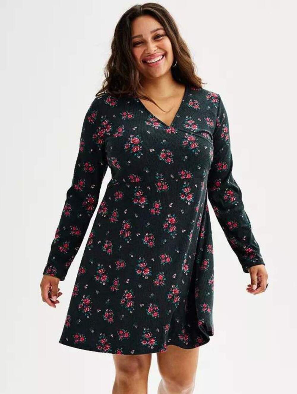 NEW Sonoma Juniors Plus $38 1X Black With Pink Flowers Wrap Bodice Skater Dress